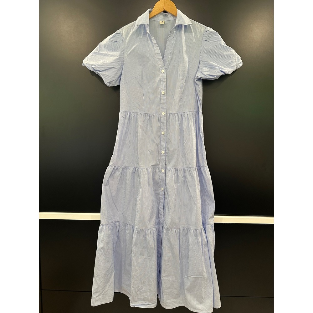JS71‎ Blue White Striped Tiered Maxi Shirt Dress Puff Sleeve Large
